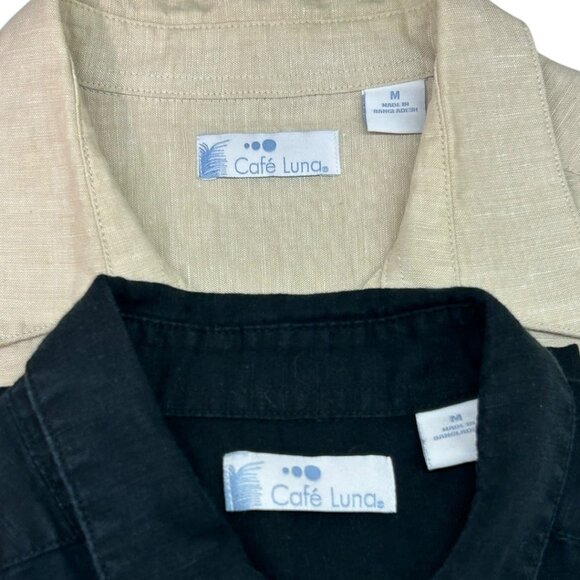2 Cafe Luna 60% Linen 40% Cotton Button-Up Shirts Black & Tan Size Medium - Picture 1 of 6